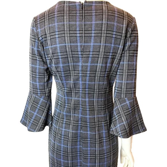 Tacera Womens Check Shift Dress Bell Sleeves Back Zip Black Blue Size Small - Picture 2 of 6